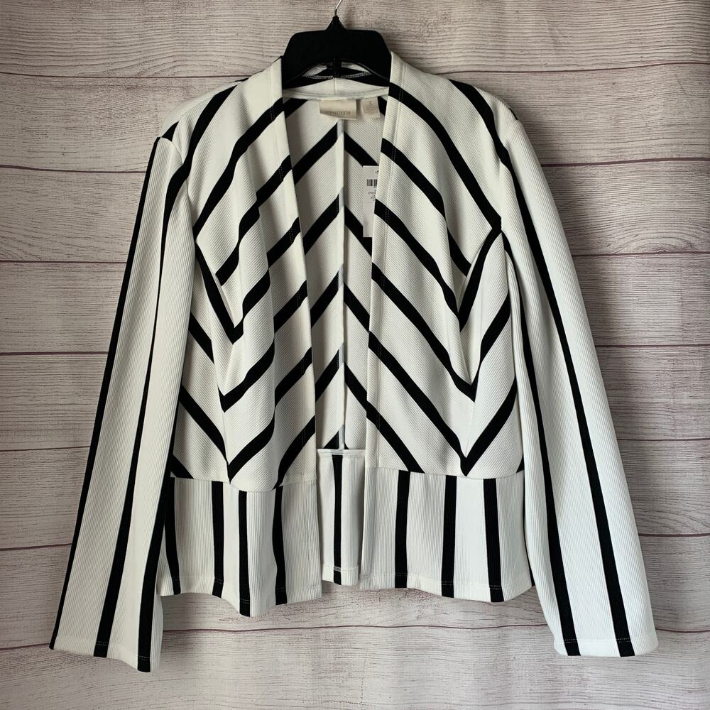 Chico's Black White Two-Stripe Ottoman Knit Jacket Chevron Size 3